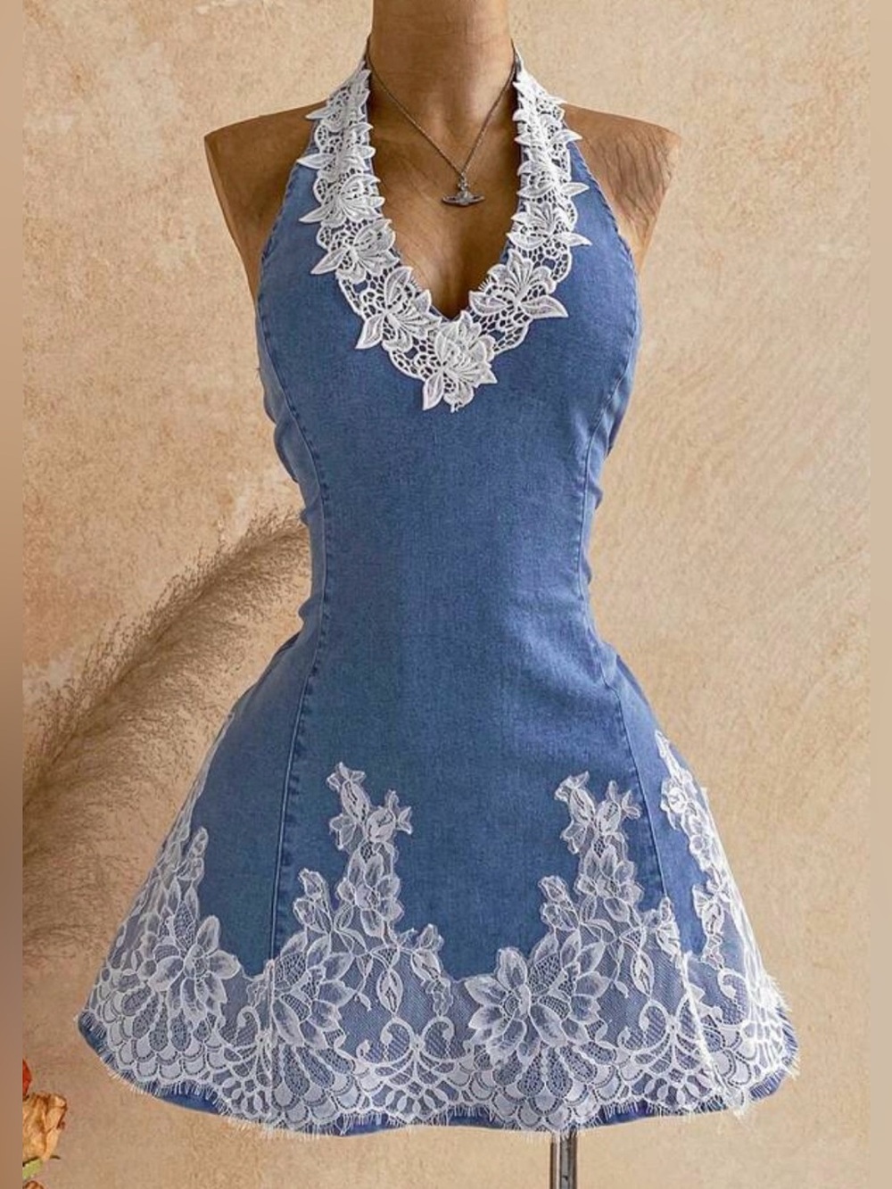 Blue Halter Lace-Trim Denim Dress